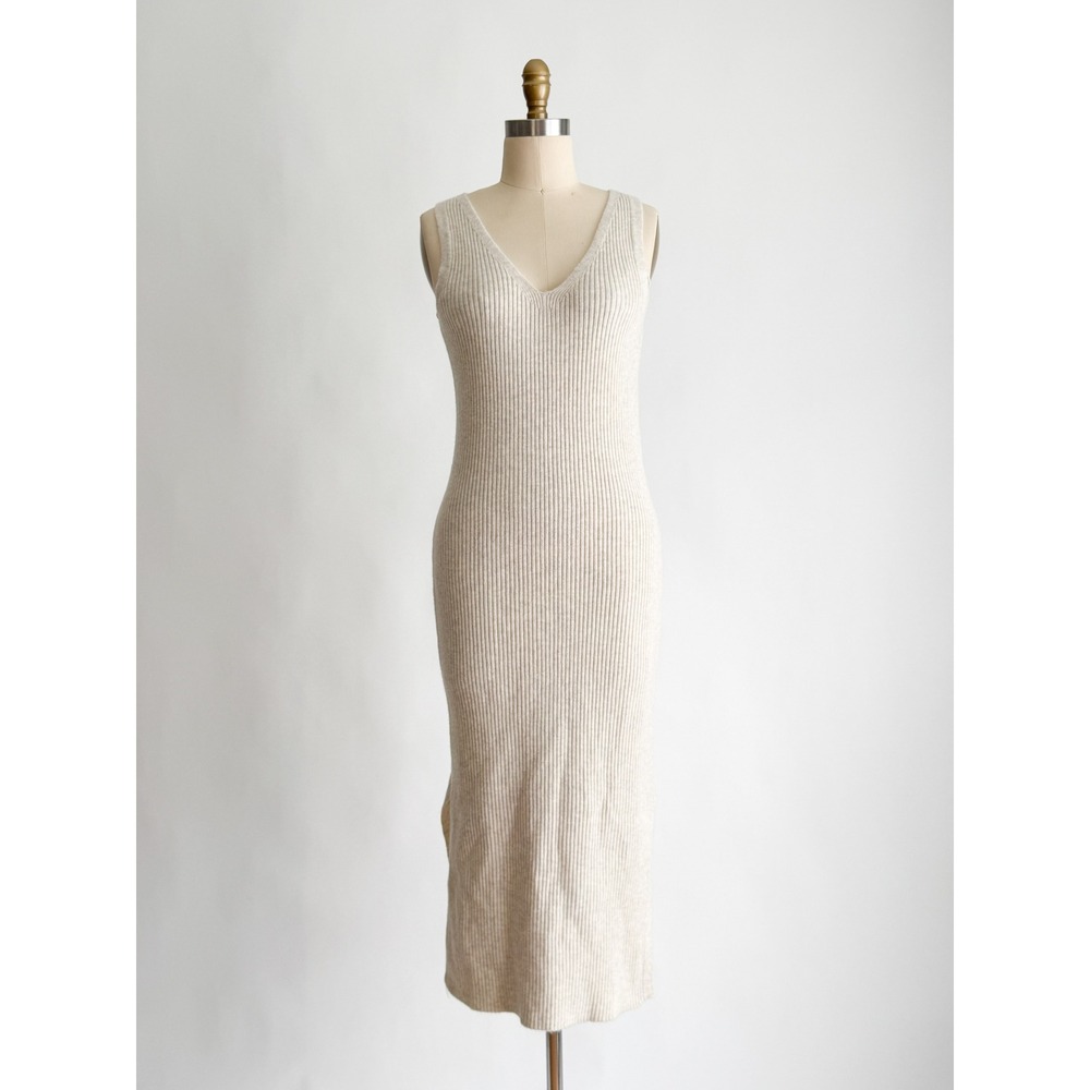 Cable & Gauge Studio Ribbed Knit Midi Dress M Beige V-Neck Sleeveless Soft